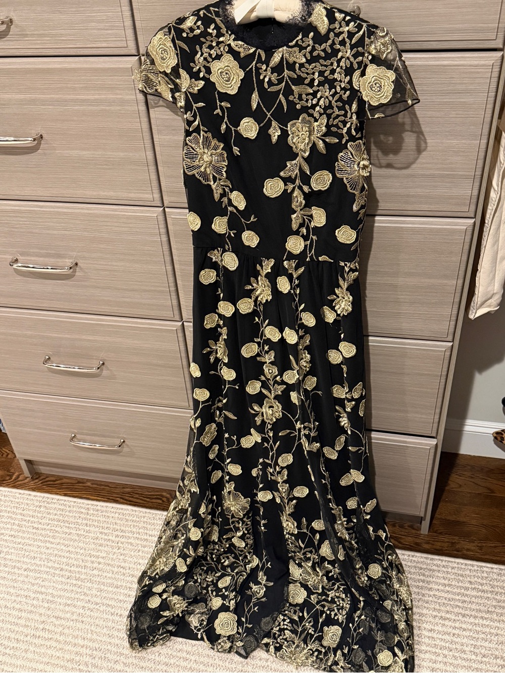 Alice + Olivia Black Maxi Dress with Gold Floral Embroidery